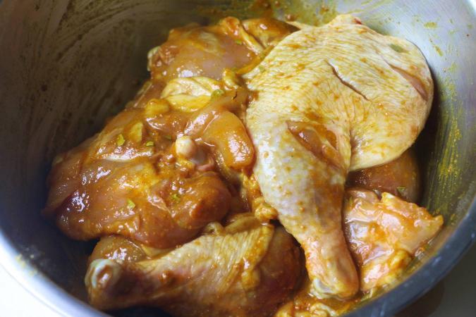 Khao Mok Gai - Thai Chicken with Rice (aka Thai Chicken Biryani Rice) Image of chicken coated with khao mok gai spice mix