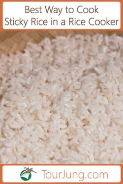 Photo of sticky rice cookd in a rice steamer with a bamboo basket