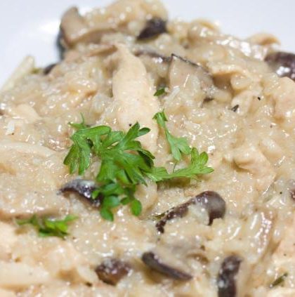 Photo of deliciously creamy chicken and mushroom risottos recipe plated