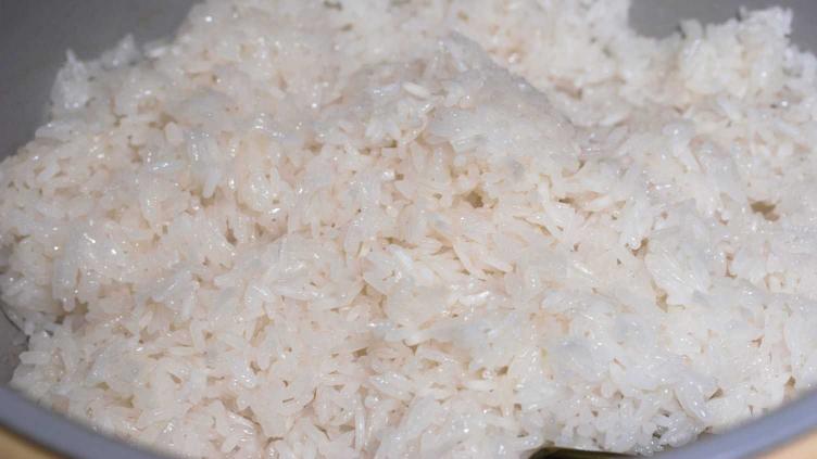 Photo of sticky rice cooked on the sweet rice setting of a rice cooker