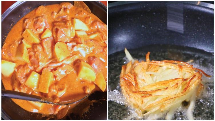 Quick & Easy Authentic Thai Chicken Massaman Curry Recipe - Massaman Gai Photo of the Thai massaman curry cooking and frying the Potato Nest