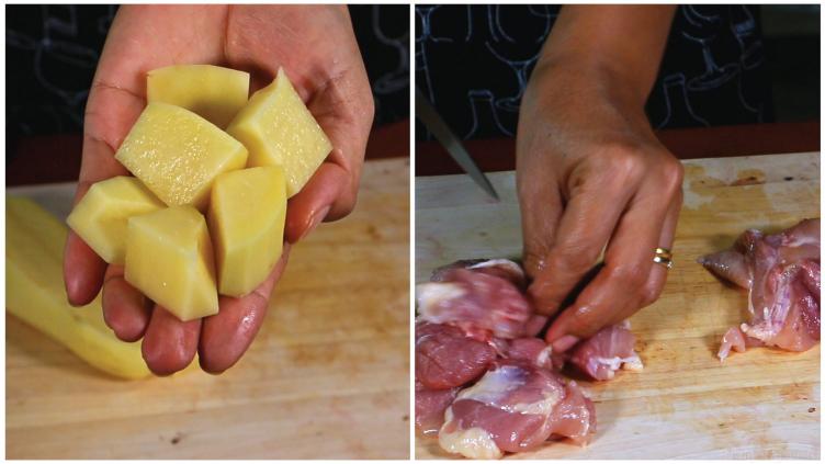 Quick & Easy Authentic Thai Chicken Massaman Curry Recipe - Massaman Gai Photos of the Potatoes & Chicken Being Prepared for Thai Massaman Curry