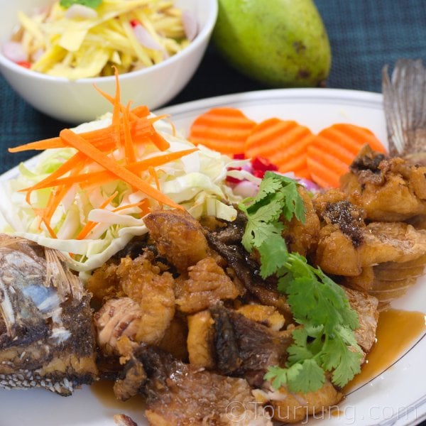 Deep Fried Sea Bass with Mango Salad - Pla Krapong Tod Nam Pla Deep Fried Sea Bass with Mango Salad - Pla Krapong Tod Nam Pla