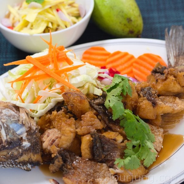 Deep Fried Sea Bass with Mango Salad - Pla Krapong Tod Nam Pla