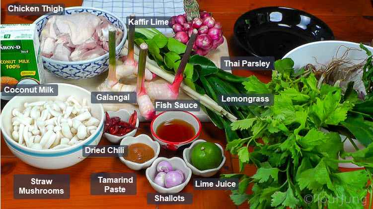 Easy & Authentic Tom Kha Gai Recipe - Thai Chicken Coconut Soup Photo of all the fresh ingredients for Thai coconut chicken soup