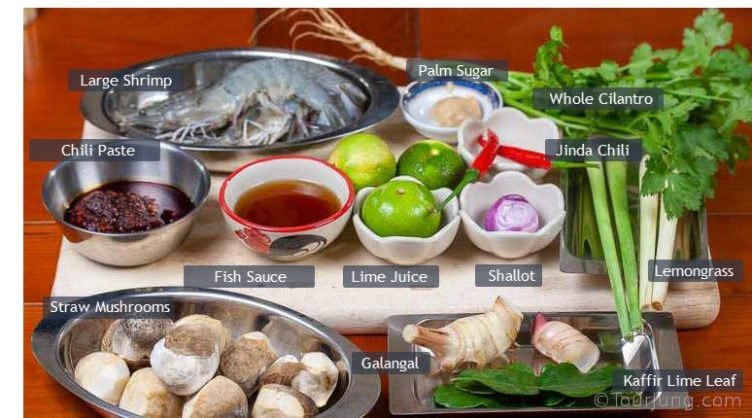 Easy Tom Yum Goong Recipe - Best Authentic Thai Hot & Sour Soup with Chili Paste (Nam Kon) Photo of ingredients needed to make Thai Tom Yum Kung Soup Recipe