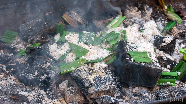 Awesome Thai Chicken Satay Skewers with Peanut Sauce Recipe - BBQ & Air Fryer Cooked Thai Street Food photo of dried coconut and pandanus leaves used to create smoke on the BBQ