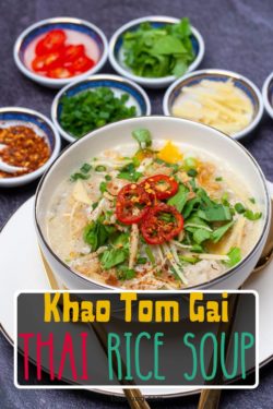 photo of chicken congee or khao tom gai with condiments