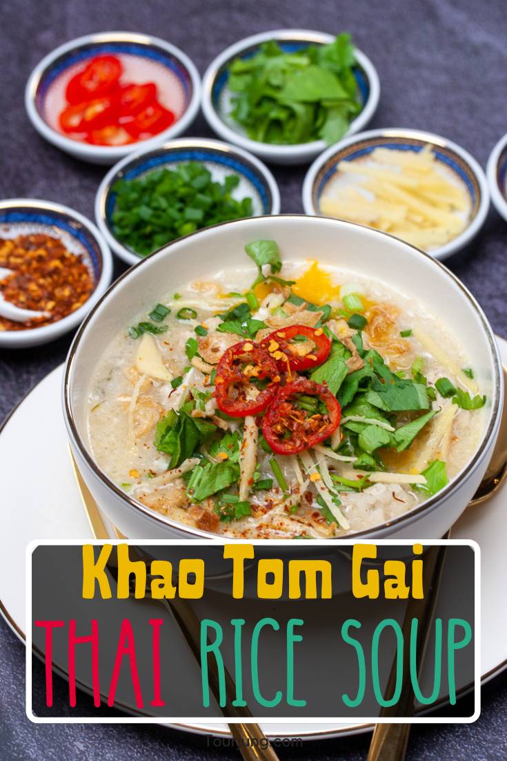 Thai Chicken & Rice Soup - A Super Khao Tom Chicken Congee Recipe You'll Love photo of chicken congee or khao tom gai with condiments
