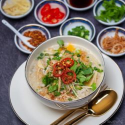 photo of Rice Soup with Chicken and condiments