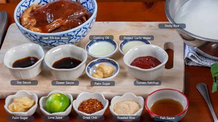 Photo of all the ingredients except the herbs that are needed to prepare the Nam Tok Nua recipe