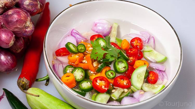 Awesome Thai Chicken Satay Skewers with Peanut Sauce Recipe - BBQ & Air Fryer Cooked Thai Street Food photo of seet Thai Pickles - a palate cleanser