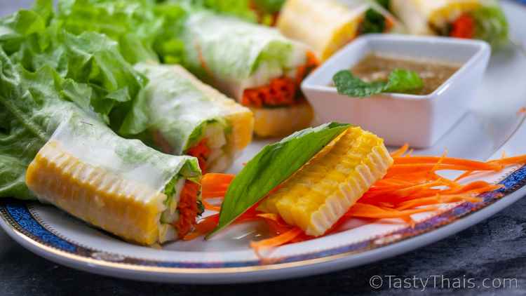 foto com um ângulo baixo mostrando close-up de rolinhos primavera vegan