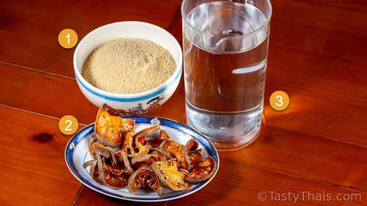 How to Make Dried Bael Fruit Tea from Thailand image showing ingredients needed to make bael fruit iced tea