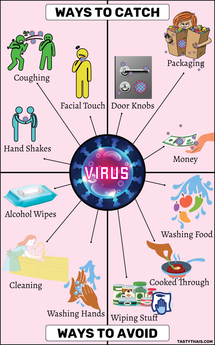 infographic showing ways to catch a virus and ways to prevent it with an emphasis on food