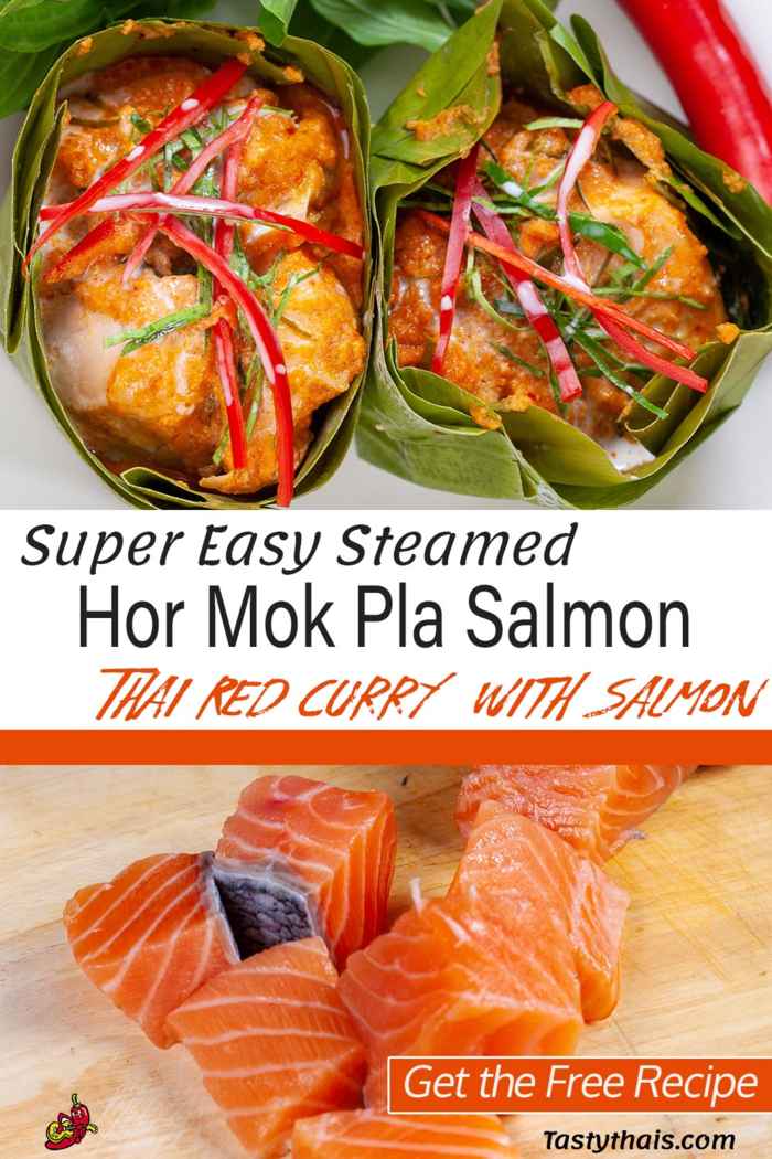 Best Authentic Thai Salmon Curry Recipe - Hor Mok Pla Salmon photo of authentic Thai Hor Mok Pla Salmon in Banana leaf bowls