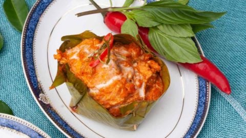 Best Authentic Thai Salmon Curry Recipe - Hor Mok Pla Salmon photo of authentic Hor Mok Pla Salmon Thai Red Curry