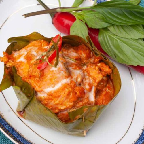 photo of authentic Hor Mok Pla Salmon Thai Red Curry