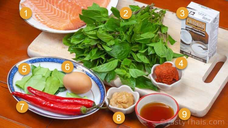 Best Authentic Thai Salmon Curry Recipe - Hor Mok Pla Salmon Ingredients needed for Thai Red Curry with Coconut Cream Red Salmon Curry