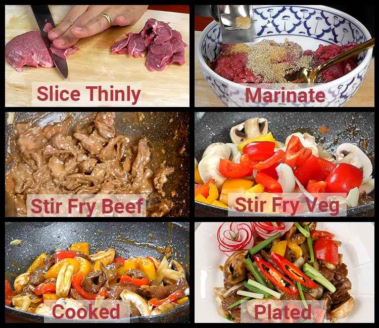photo showing basic steps to cooking stir fried beef with oyster sauce