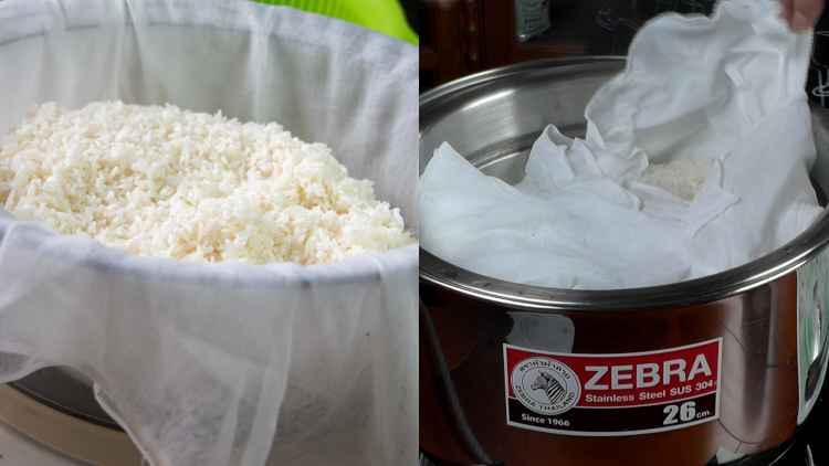 photo of steaming sticky rice in a saucepan and steamer