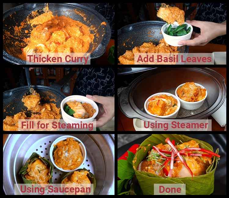 Best Authentic Thai Salmon Curry Recipe - Hor Mok Pla Salmon Photo of steps showing how to make Thai salmon red curry recipe