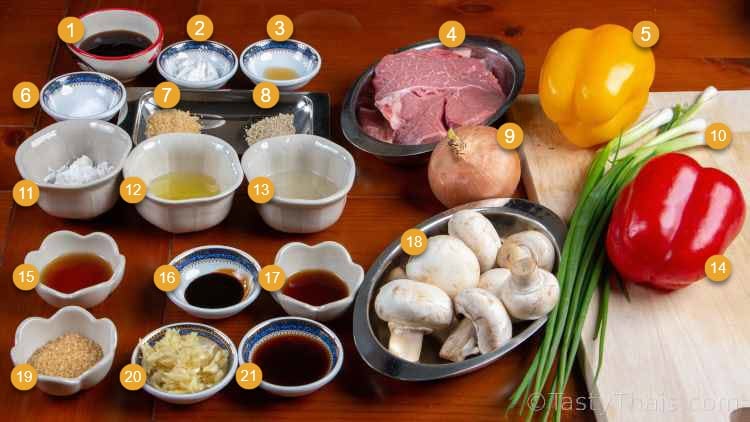 photo of all the ingredients needed for Thai stir fried beef in Oyster sauce.