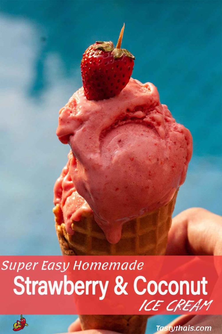 photo of homemade strawberry ice cream sitting in a cone in front of a swimming pool blue