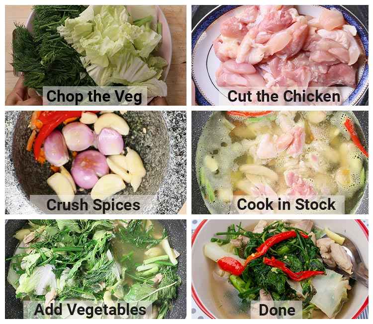 North Eastern Thai Herb Soup with Chicken - Kaeng Om Gai Collage showing how to make Thai clear herb soup with chicken keang om
