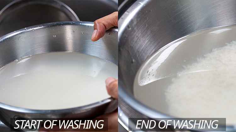 photo showing cloudy water at start of washing rice and clearer water at teh end of washing it
