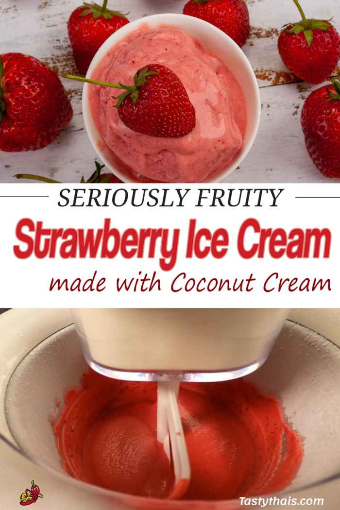 photo of pin of seriously fruity strawberry ice cream homemade with coconut cream