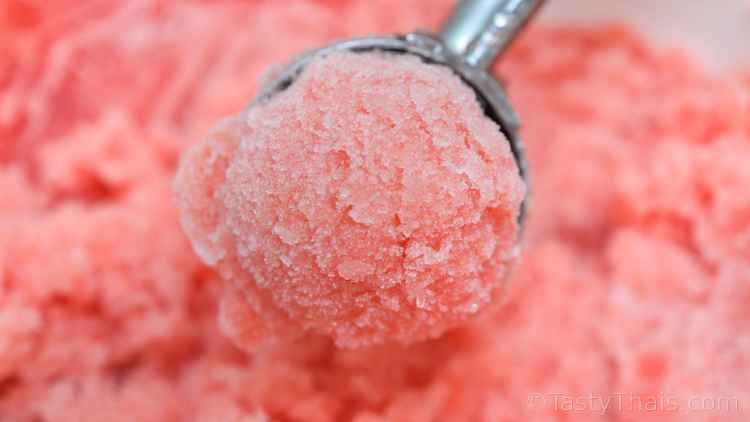 photo of a scoop of strawberry sorbet