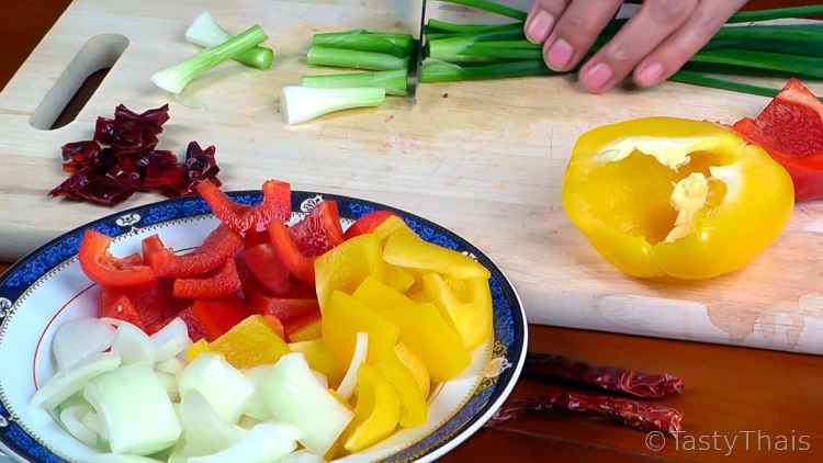 Best Thai Chicken Cashew Nut Stir Fry Chop the Vegetables as shown ready for Stir Fry