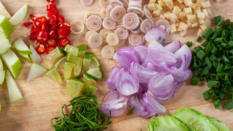 Awesome Thai Rice Salad / Mackerel Salad - Khao Yum Pla Tu Mackerel Rice Salad Recipe Chopping Up the Sides
