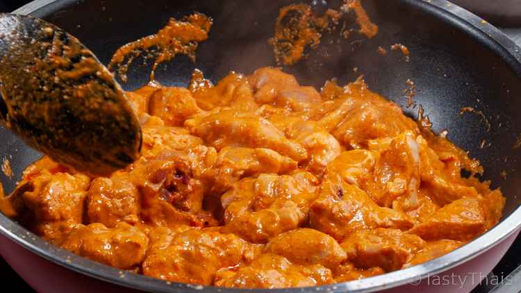 Simply Great Thai Coconut Chicken Curry Recipe with Pumpkin C ook the red curry sauce and coconut milk into a sauce for cooking the chicken