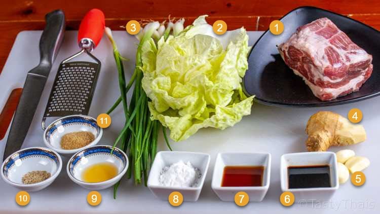 Making Gyoza wrappers, Pork Fillings & Frying Gyoza Dumplings Ingredients for making gyoza filling
