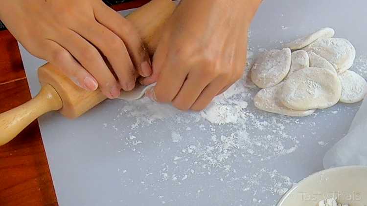 Rolling out the gyoza wrappers