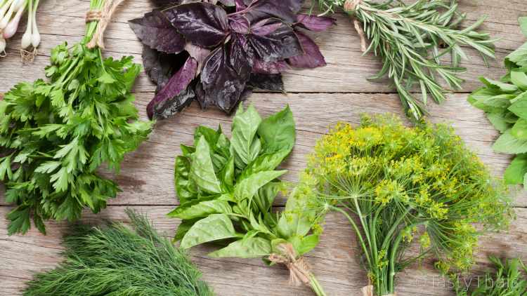 Assortment of Thai herbs on a table