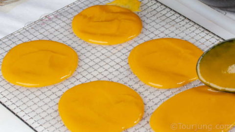 Spread the mango puree evenly before drying in the oven or dehydrator