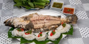 Salt basked Fish Served with Rice Noodles