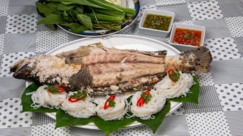 Salt Baked Fish - Thai Salt Crusted Fish - BBQ or Oven Salt basked Fish Served with Rice Noodles