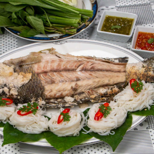 Salt basked Fish Served with Rice Noodles