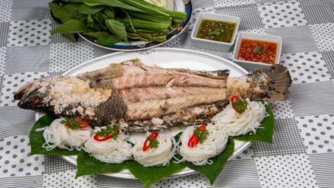 Salt basked Fish Served with Rice Noodles
