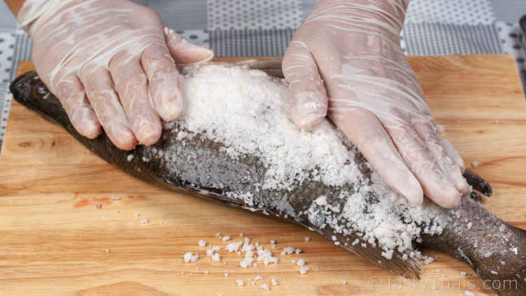 Salt Baked Fish - Thai Salt Crusted Fish - BBQ or Oven Encasing the fish with salt