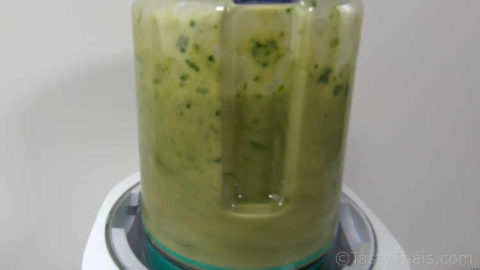 Blending the green seafood dipping sauce