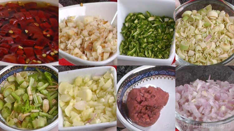 Various prepared ingredients needed to make red curry paste