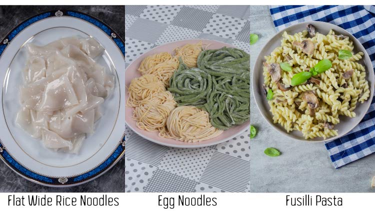 Collage of egg noodles, rice noodles and pasta