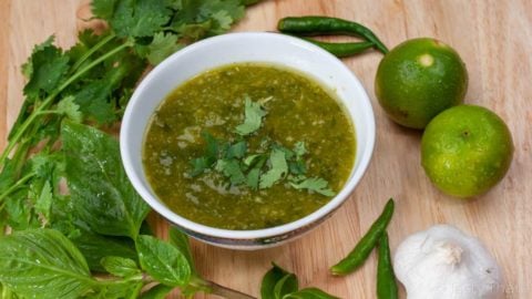 Homemade Green Thai Seafood Dipping Sauce - Nam Jim Seafood (See Keow) Thai Seafood Dipping Sauce with Mortar and Pestle