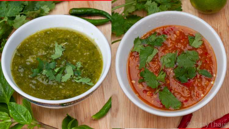 Thai Spicy Seafood Dipping Sauce (Red) - Nam Jim Seafood (sii daeng) Green and red Thai Seafood Dipping Sauces Side by Side